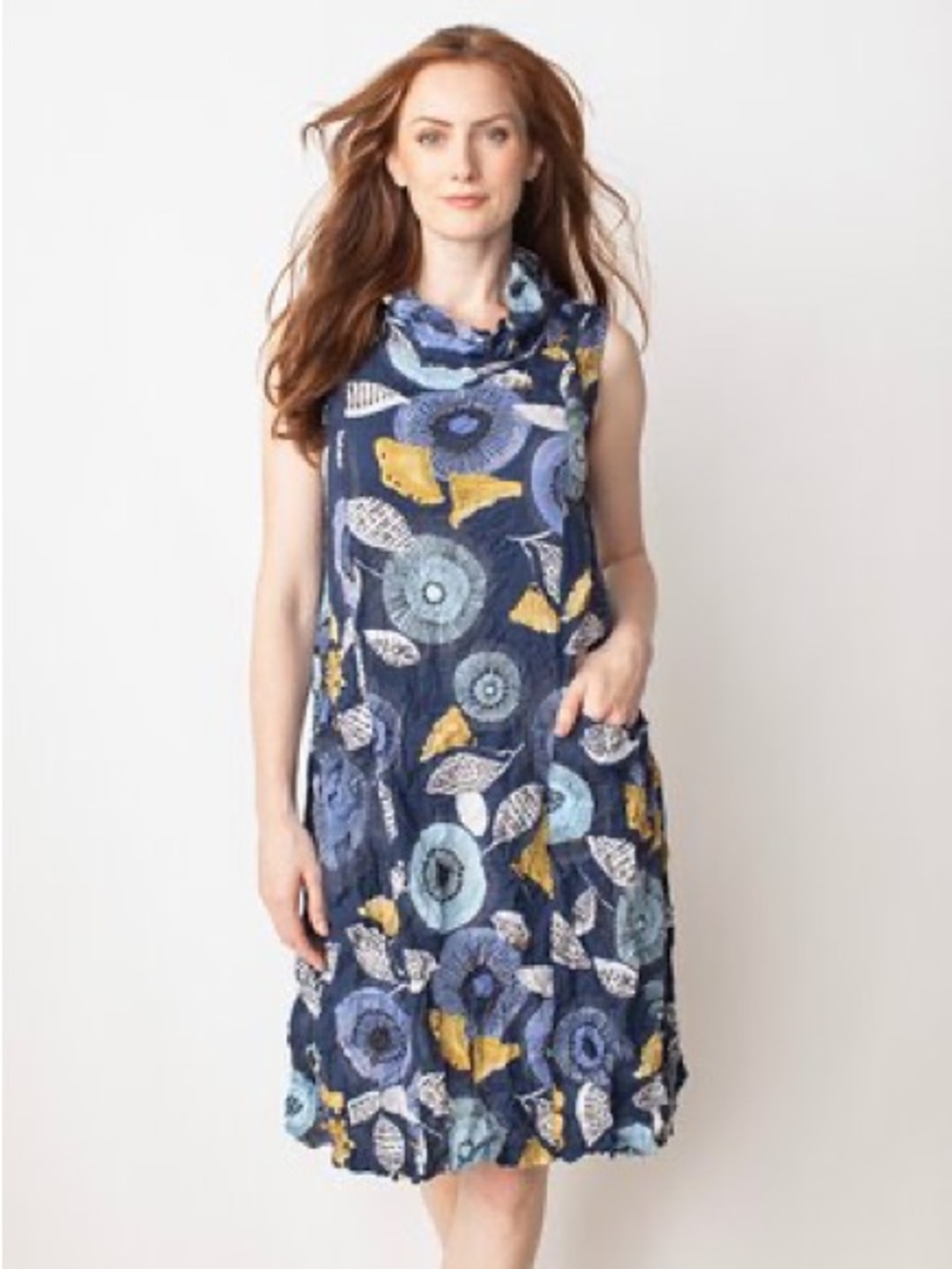 Liv by Habitat Easy Cowl Crimped Navy Floral Lagenlook Pockets Dress EUC Sz L - Picture 2 of 7